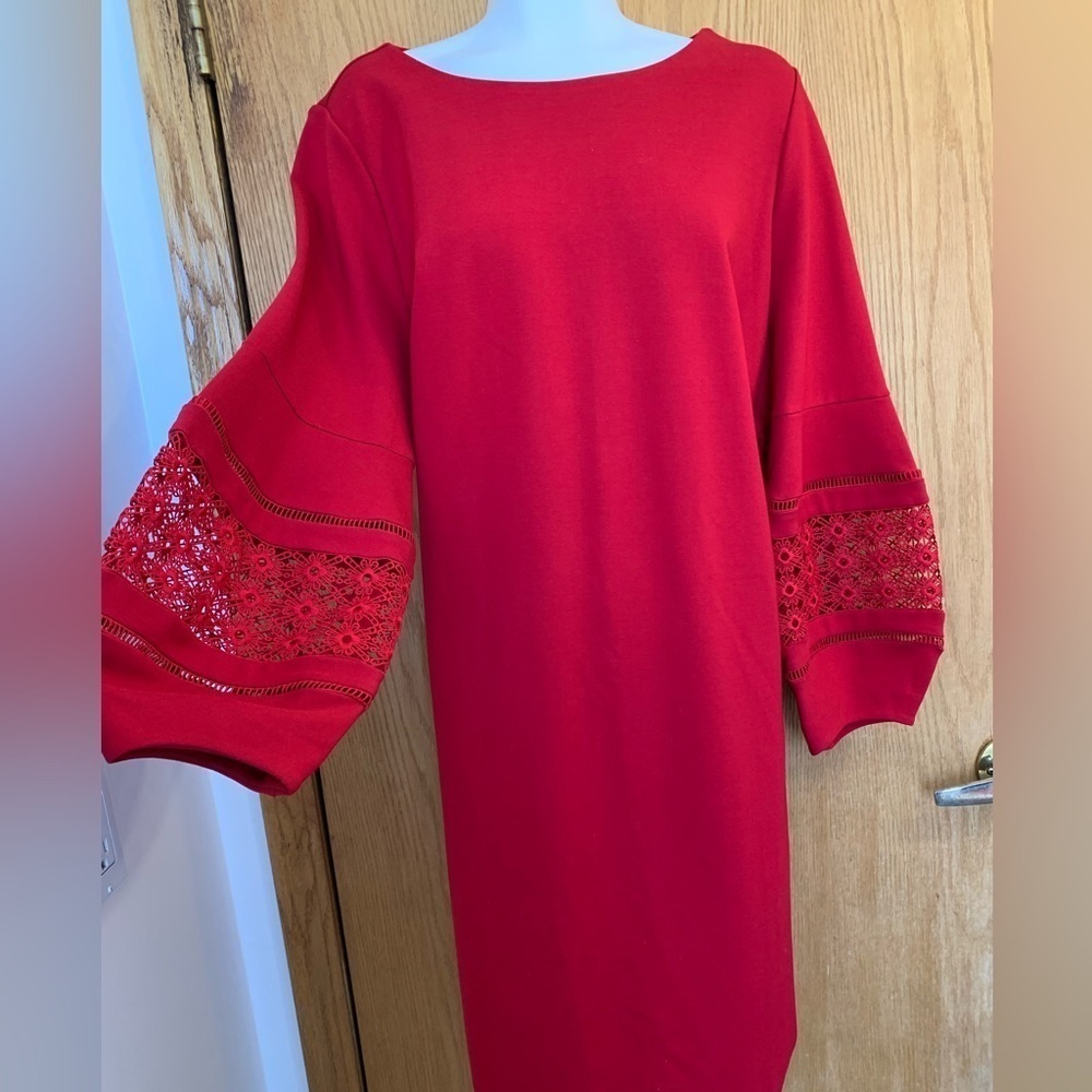 Stunning CHICO'S formal red dress with intricate arm design feature